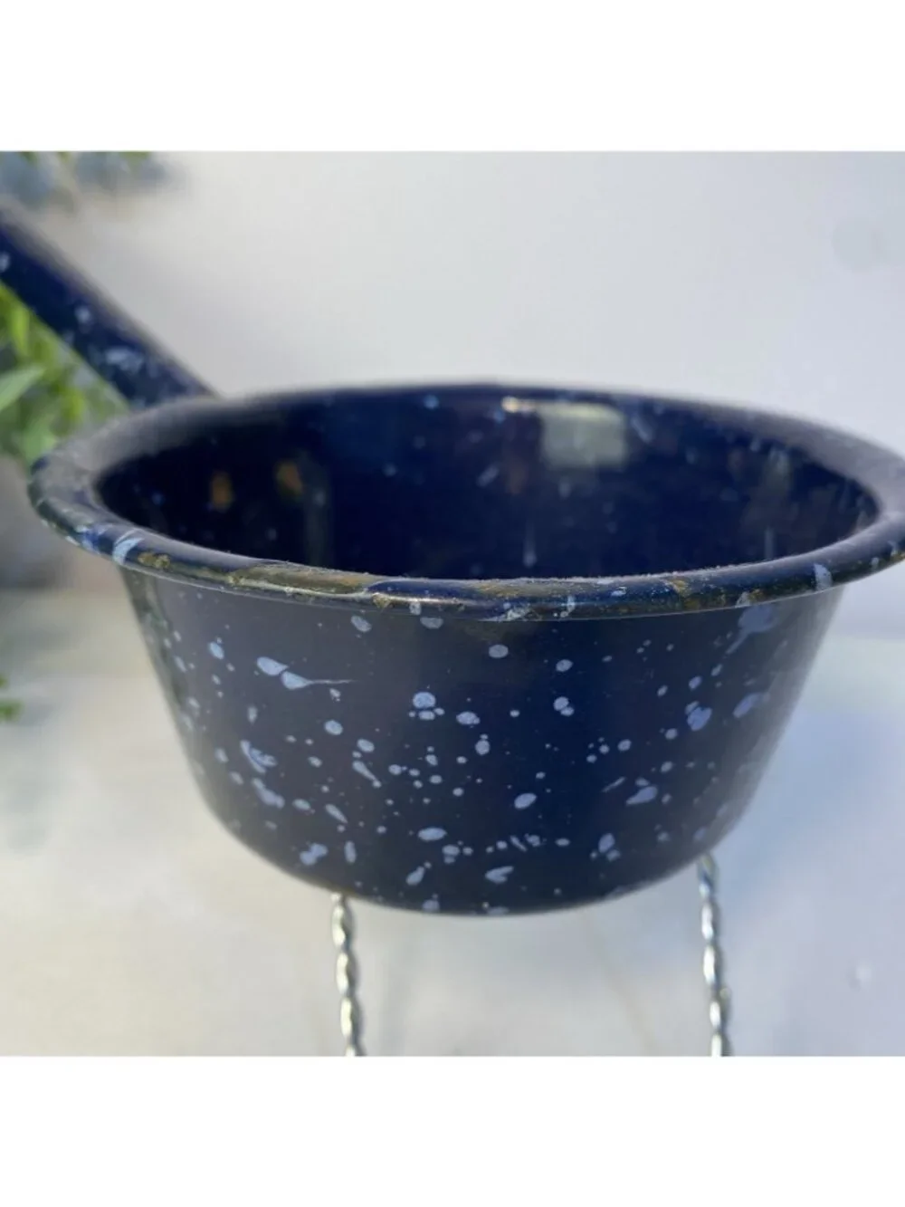 Vintage Blue Speckled Enamelware Farmhouse Dipper Ladle Decor Flat Bottom